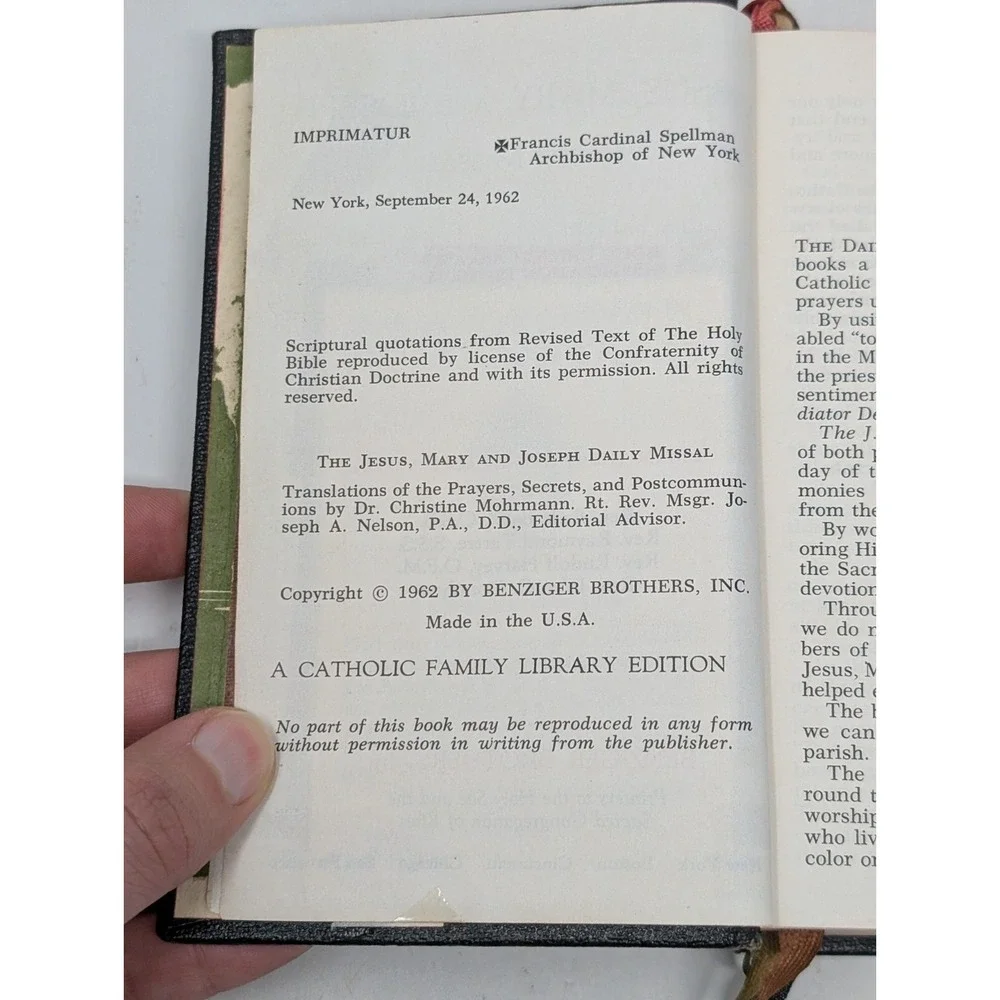 Jesus Mary & Joseph JMJ‎ Daily Missal The Official Prayers Church Benzinger 1962